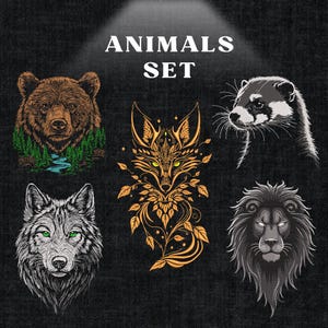 Puede incluir: Un diseño "ANIMALES SET" con ilustraciones detalladas de un oso, un zorro, un lobo, un león y un animal parecido a un mapache. El oso tiene una escena de bosque y río. El zorro es dorado con ojos verdes. El lobo y el león son en blanco y negro.