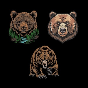 May include: Three brown bear illustrations on a black background. One bear head has a forest and river design. Another bear head is centered. The third illustration shows a bear with claws.