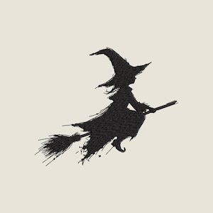 May include: A black embroidered silhouette of a witch wearing a pointed hat and a long dress, riding a broomstick. The design features a textured, sketch-like stitch pattern with frayed edges on the broom bristles and the hem of the dress.