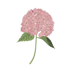 May include: A detailed embroidery of a pink hydrangea flower. The flower head is a large, round cluster of small blossoms. Green leaves and a stem support the flower against a white background. The embroidery has a textured appearance.