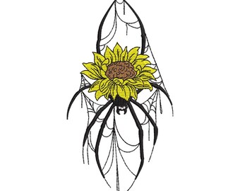 May include: An embroidered design of a black spider with a yellow sunflower head, set against a spiderweb. The sunflower has a brown centre and yellow petals. The design is on a white background.
