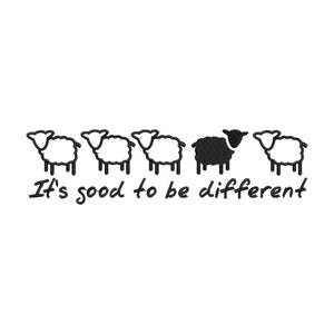 Puede incluir: Gráfico en blanco y negro con cinco ovejas. Cuatro ovejas blancas seguidas de una oveja negra, con la frase "It's good to be different" escrita debajo en escritura negra.