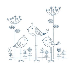 Op de afbeelding: Een donkerblauw machineborduurontwerp met drie gestileerde vogels met lange poten, staand tussen diverse lijntekeningen van bloemen en cirkelvormige florale elementen. De vogels hebben eenvoudige ronde ogen en decoratieve vleugelpatronen op een witte achtergrond.