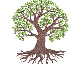 May include: An embroidered design of a tree with a brown trunk and branches, green leaves, and exposed roots. The tree is centered on a white background. The leaves are a bright green, and the trunk and roots are a darker brown.