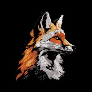 May include: An embroidered patch featuring a detailed profile of a fox head. The design uses vibrant orange, white, and black thread to depict the fox's fur, pointed ears, and alert amber eye, set against a solid black background.