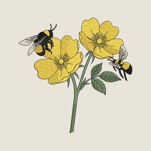 May include: An embroidered design featuring yellow flowers with detailed petals and green stems and leaves. Two bees with black and yellow markings are shown near the flowers. The design is on a cream-colored background.