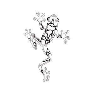 Peut inclure: Un écusson brodé représentant une grenouille en position d'escalade. La grenouille présente une base blanche avec des contours noirs et des taches noires irrégulières sur le corps. Le motif inclut des textures de broderie détaillées.