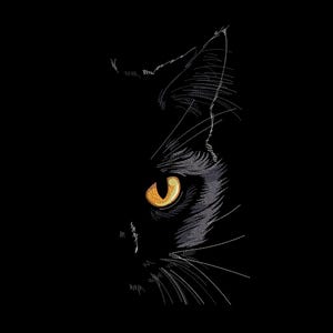 Op de afbeelding: Illustratie van een zwart kattenoog en een deel van zijn gezicht tegen een zwarte achtergrond. De kat heeft een heldergeel oog, witte snorharen en fijne lijnen die de vacht detailleren.