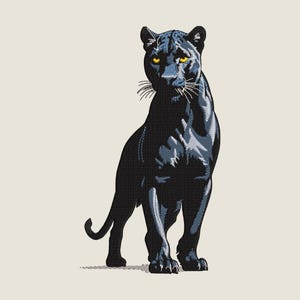 May include: A detailed illustration of a black panther with yellow eyes, standing tall against a cream background. The panther's fur is textured with dark blue shading, giving it a three-dimensional appearance. The artwork is a striking representation of wildlife.