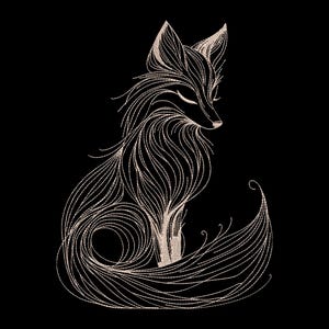 Può includere: Illustrazione dettagliata di una volpe seduta, resa con linee sottili e fluide. La volpe è raffigurata in un colore beige chiaro su uno sfondo nero pieno. Il design enfatizza la pelliccia e la forma dell'animale.