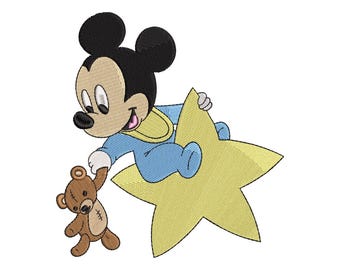 Baby Mickey with bear and Star Embroidery Design, Cute Mouse Kids Pattern, 7 Sizes, Instant Download