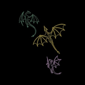 以下が含まれることがあります： 無地の黒い背景に3匹のドラゴンの輪郭が描かれています。左上のドラゴンはティール色、中央のドラゴンは黄色、右下のドラゴンはピンク色です。それぞれのドラゴンは、細い点線のスタイルで描かれています。