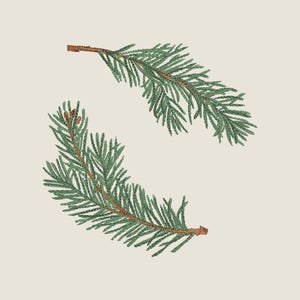 May include: An embroidery design featuring two evergreen conifer branches arranged in a curved formation. The branches have brown stems and detailed green needle foliage, with small brown buds visible on the lower branch segment.