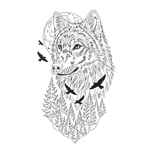 Wild Wolf and Moon Embroidery Design – Wolf Howling at Moon Machine Embroidery Pattern (5 Sizes)