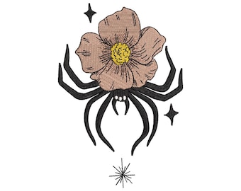 May include: Embroidered design of a flower with a yellow centre and tan petals, combined with a black spider body and legs. The design includes three small star accents, all on a white background.
