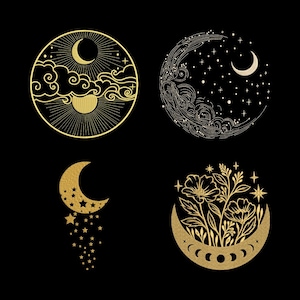 Puede incluir: Cuatro diseños gráficos circulares de color dorado sobre un fondo negro. Uno muestra una luna creciente con nubes y rayos de sol. Otro presenta una luna creciente con estrellas y líneas onduladas. Un tercero muestra una luna creciente con estrellas fugaces. El cuarto muestra una luna creciente que sostiene flores y hojas.