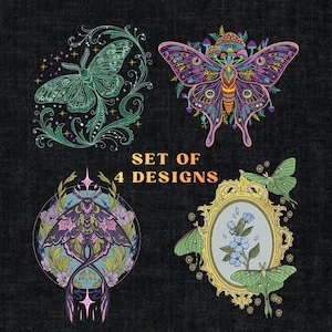 Peut inclure: Ensemble de quatre motifs avec des illustrations détaillées de papillons de nuit et de papillons. Les motifs comprennent un papillon de nuit vert avec des volutes ornées, un papillon violet et orange avec des champignons, un papillon de nuit avec des éléments floraux et un miroir doré avec des papillons.