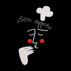 May include: Black graphic with a chef's hat and a face design. The face has closed eyes, red cheeks, and a hand gesture. The words "Bon appétit" are written in cursive above the face.