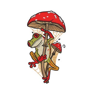 May include: An embroidered patch featuring a green frog with red accents climbing a tall brown mushroom stalk topped with a large red cap with white spots. A smaller red mushroom and a yellow spiderweb are visible behind the frog.