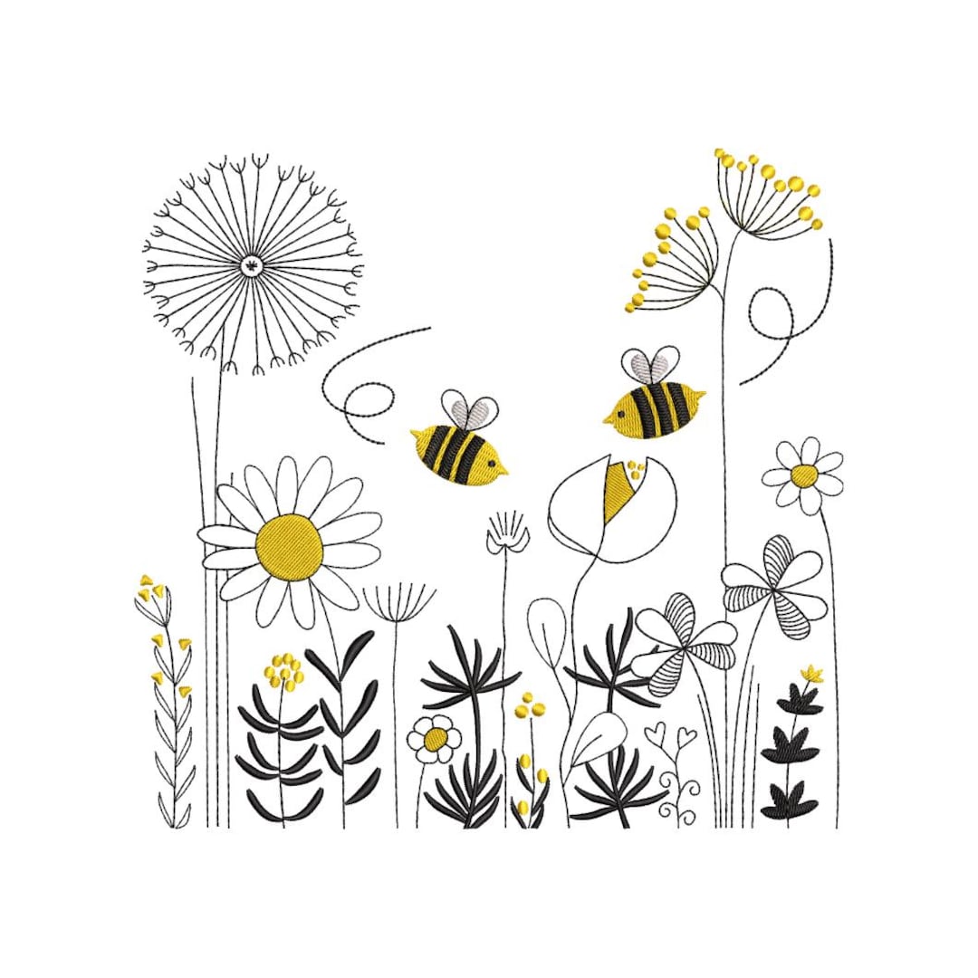 Wildflower and Bees Machine Embroidery Design, Summer Garden Meadow ...
