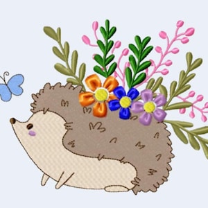 Hedgehog Flowers Embroidery Design, Woodland Pattern, 4 Sizes, Instant Download