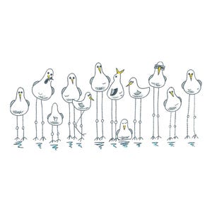 May include: A whimsical embroidered design featuring a line of stylized birds with long, thin legs. The birds are depicted in various poses, with some wearing accessories. The design is rendered in white thread on a white background, with subtle blue accents.