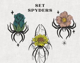 May include: Embroidered set of three spider designs, each incorporating a flower. A teal rose, a yellow sunflower, and a pink flower are depicted. The text "SET SPYDERS" is above the illustrations.