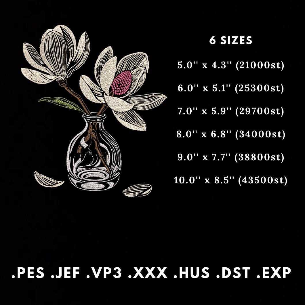 Magnolia in Vase Embroidery Design – Elegant Floral Pattern (6 Sizes ...
