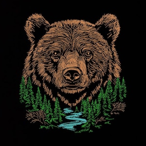 May include: An embroidered design featuring a bear's head and a forest. The bear is brown, with detailed stitching. Green trees and a blue river are below the bear's head, all on a black background.