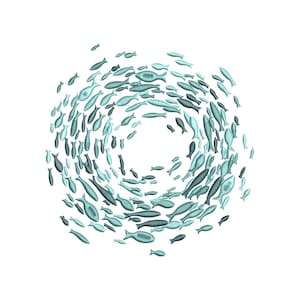 Könnte beinhalten: Illustration eines Schwarm türkisfarbener Fische, die sich kreisförmig vor weißem Hintergrund bewegen. Die unterschiedlich großen Fische sind dicht gepackt und erzeugen ein dynamisches Design. Das Bild erweckt den Eindruck von Bewegung und Meeresleben.