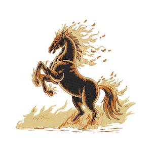 May include: An embroidered design of a black horse rearing up, with orange flames around its mane, hooves, and tail. The horse is set against a white background. The design uses orange and tan thread, with a stylized, illustrative quality.