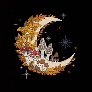 May include: Embroidered design featuring a crescent moon with various mushrooms and autumn leaves. The mushrooms include red and white spotted caps, and tan and brown varieties. The design is set against a black background with star accents.