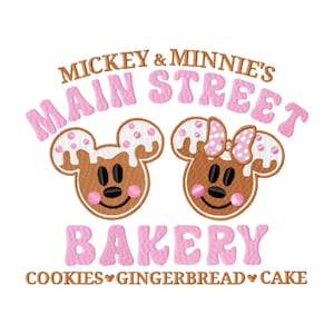 May include: Mickey & Minnie's Main Street Bakery logo with pink lettering and gingerbread Mickey and Minnie heads. The text below reads "Cookies ♥ Gingerbread ♥ Cake".