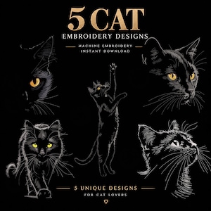 Svart kattbroderidesignpaket – 5 unika maskinbroderimönster för katter för kattälskare