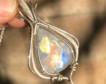 rainbow moonstone wire wrapped pendant; sterling silver wire