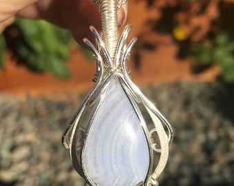 blue lace agate wire wrapped pendant; silver plated copper; handmade