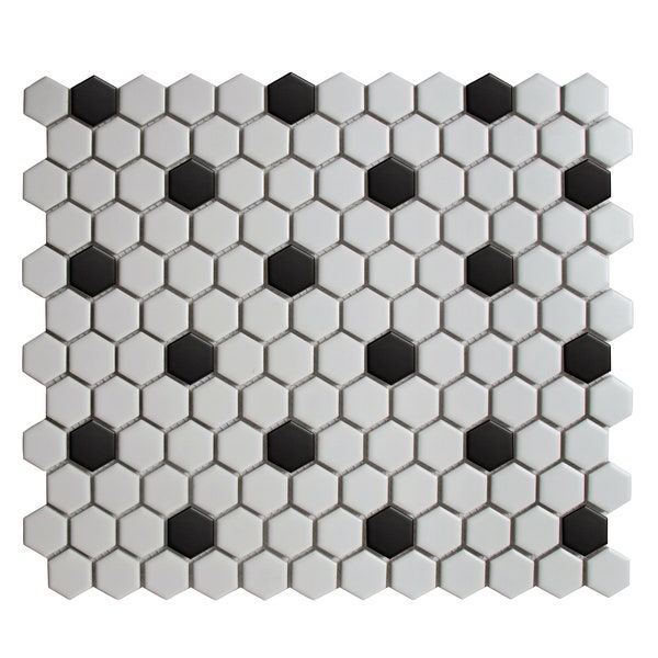 Retro White with Black Dot 1" Hexagon Porcelain Mosaic Floor and Wall Tile with Matte Finish - carton of 9.19 sq ft