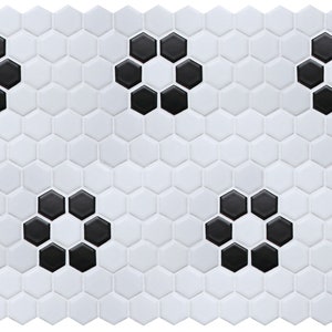 Retro White with Black Flower 1" Hexagon Porcelain Mosaic Floor and Wall Tile with Matte Finish - carton of 9.19 sq ft