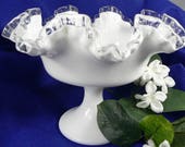 Fenton Silvercrest Compote Dessert, Candy Dish with a Milk Glass Pedestal Base, Scalloped and Ruffled Top With a Clear Edge Rim SKU 04215
