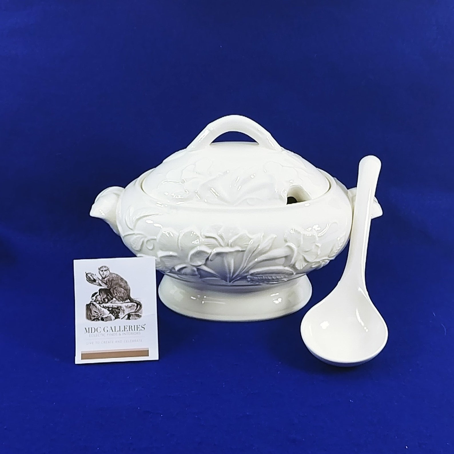 Soup Tureen Footed Lid & Ladle Embossed Floral Raised Relief Etsy