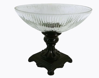 Compote Pedestal Bowl on Ornate Metal Base Table Centerpiece Vintage Decor