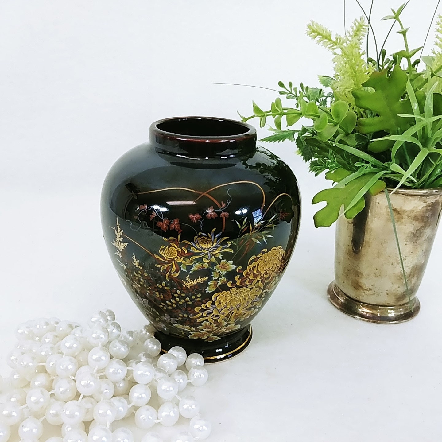 Ginger Jar Vase Imperial Kiku Black Gold Gilted Florals Hand Etsy