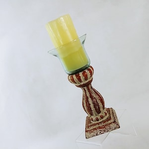 Candle Holder Distressed Faux Finish Glass Holder Farmhouse Shabby Chic Decor