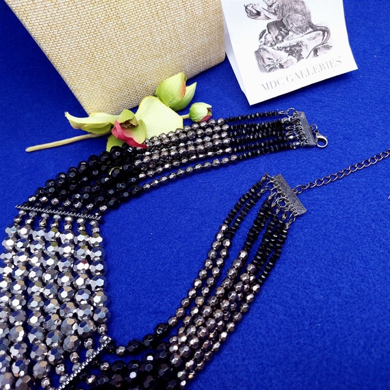 Collier Plastron Perles Argenté Avec Corde Noire – Neuf Avec étiquettes, Style Bohème Chic !