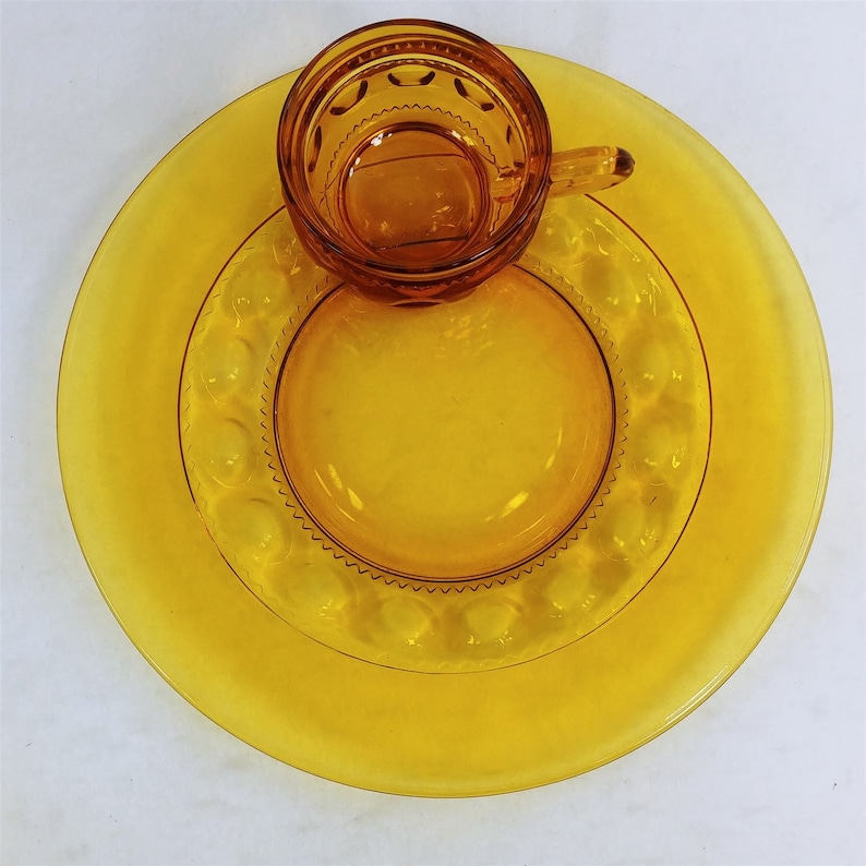 Indiana Glass Kings Crown Thumbprint Amber Snack Set 12 Pc