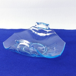 Candy Dish Blue Glass Double Handled Folded Design Vintage