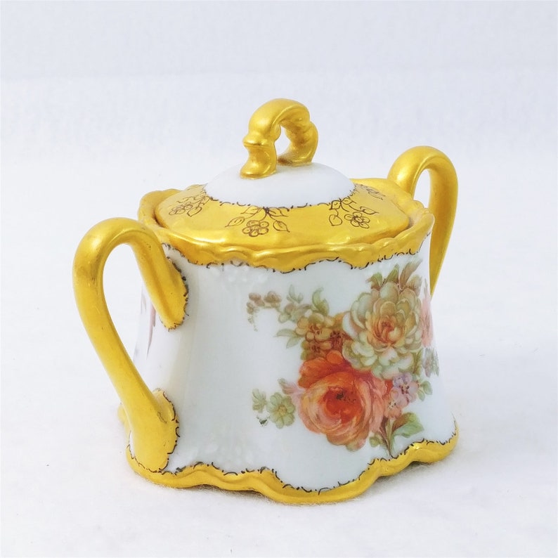 Ricketts Sugar Bowl and Lid Gold Trim Rose Design Hand Decorated by C