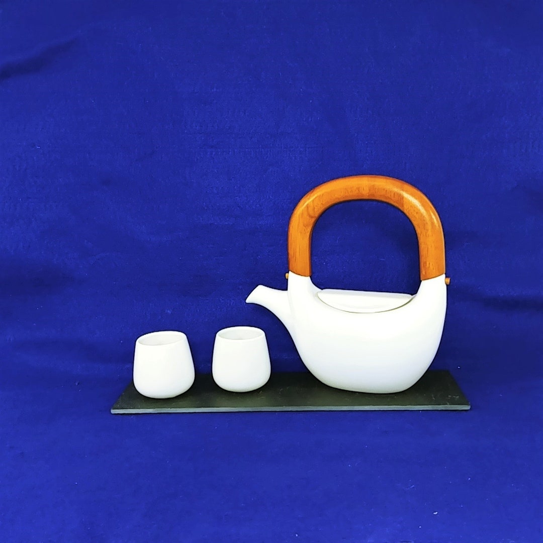 Teapot Wood Handle 2 Small Cups Red Envelope Slate Serving Tray Vintage