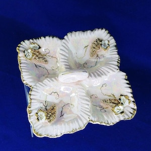 Dish Divided with Handle Pink Opalescent Gold Leaf Accents Collectible Vintage