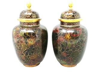 Cloisonne Enameled Ginger Jars Finial Lids Dark Red Green 2 pcs 5.5" Tall